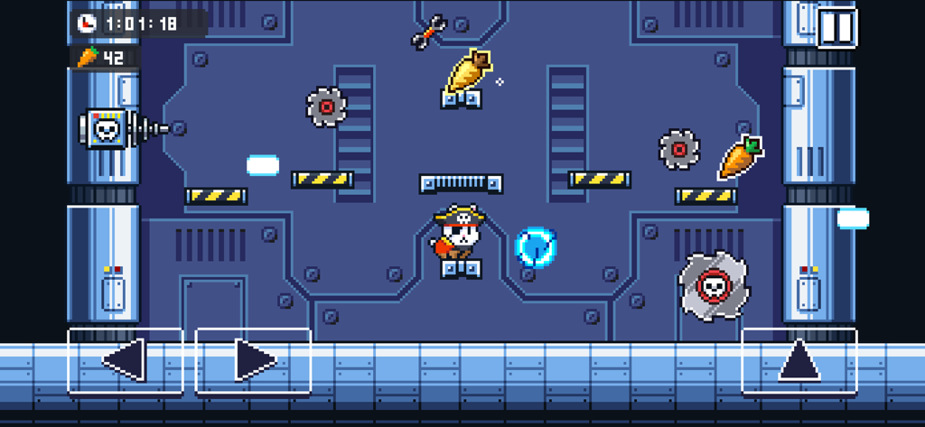 Poor Bunny! - Pixel art gameplay of Poor Bunny featuring a pirate bunny character dodging saw traps to collect carrots.