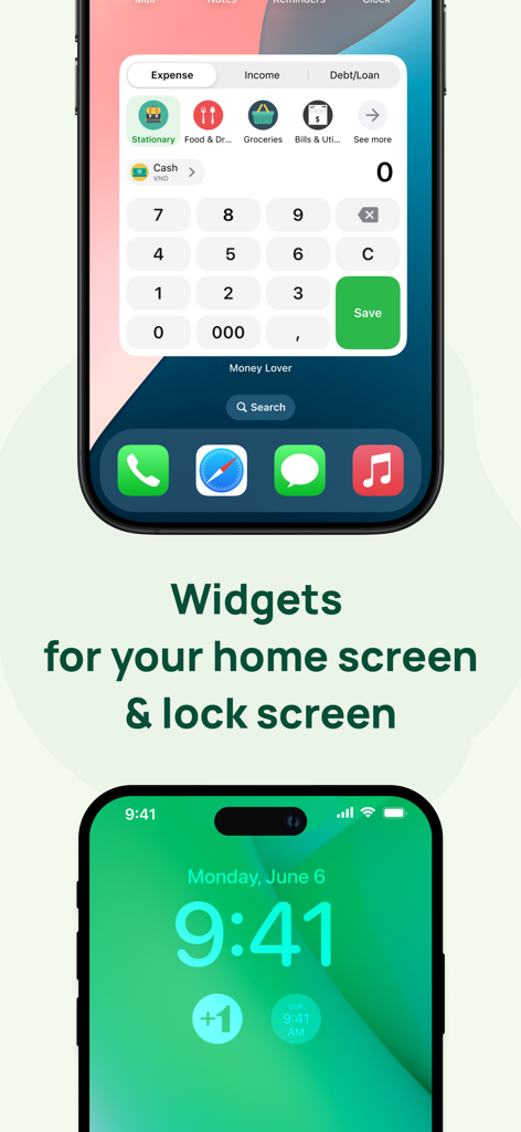 Money Lover finance app showcasing transaction logging widgets for iPhone home and lock screens