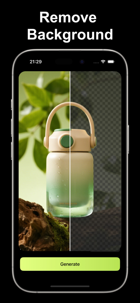 Glowya：AI Photo & Video Editor - 商品の写真でAI背景除去の前後の比較を示すモバイルインターフェース