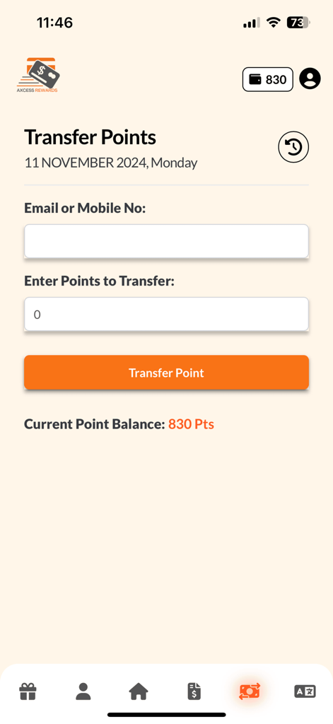 Axcess Rewards - Axcess Rewards mobile App-Bildschirm zum Übertragen von Punkten an einen anderen Benutzer mit Anzeige des Punktestands und der Eingabefelder.