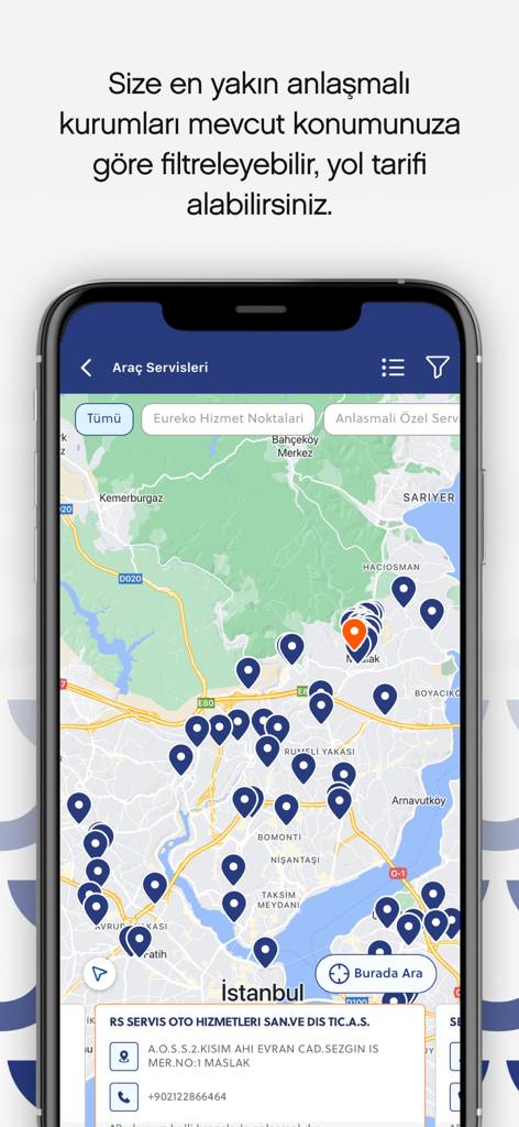 Eureko Sigorta app map interface showing contracted vehicle service center locations in Istanbul.