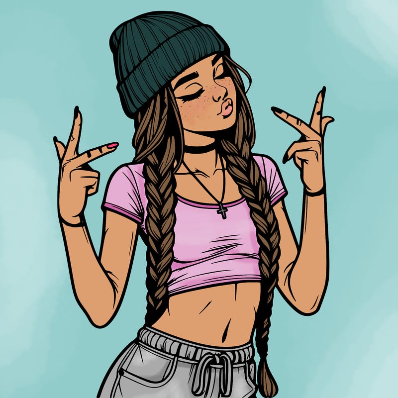 realistic teenage girl with braids and a beanie and crop top doing 🫶🏼