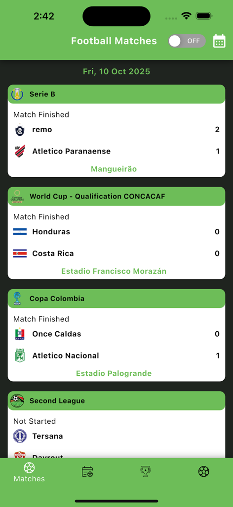 Live Football Tv and Scores - Mobile screen showing a list of football match scores from different leagues