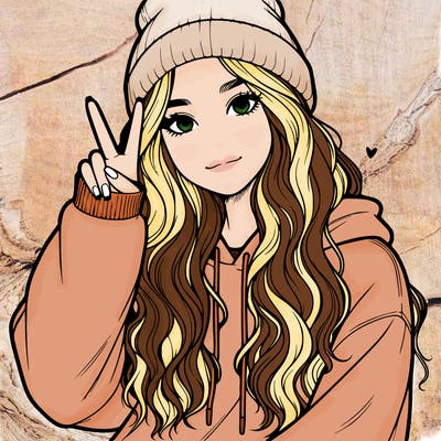 a teenage girl in a beanie, oversized sweatshirt, wavy long hair, and is showing a ✌️