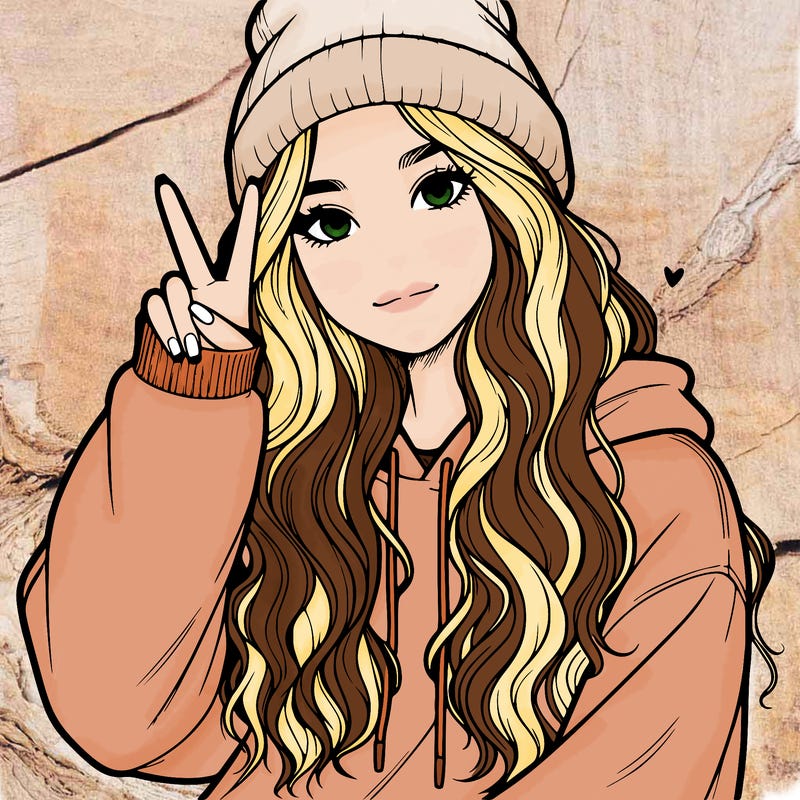 a teenage girl in a beanie, oversized sweatshirt, wavy long hair, and is showing a ✌️