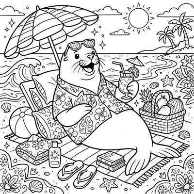 Get ready for a sun-soaked adventure with this Steller Sea Lion summer vacation coloring page. This delightful scene features a happy sea lion enjoying a tropical beach, complete with all the summer essentials.
