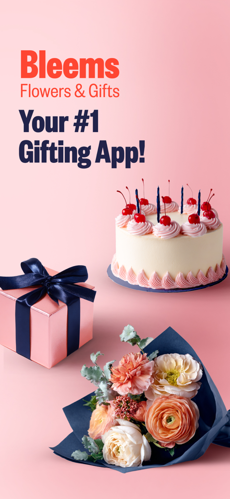 Bleems App Startbildschirm mit einem festlichen Kuchen, einer rosa Geschenkbox und einem Blumenstrauß
