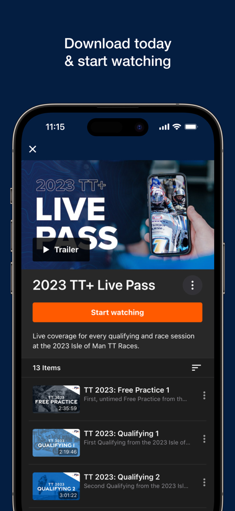 TT+ - TT plus app interface showing the 2023 Live Pass with a list of race practice and qualifying video sessions