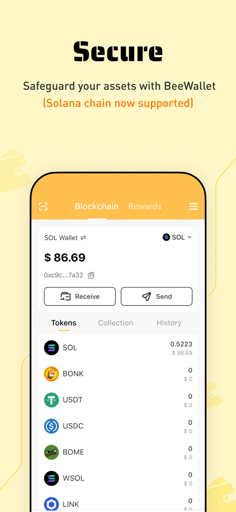 Bee Network:Phone-based Asset - Bee Network app screenshot showing the BeeWallet interface with Solana chain support and a list of crypto tokens like SOL and USDT