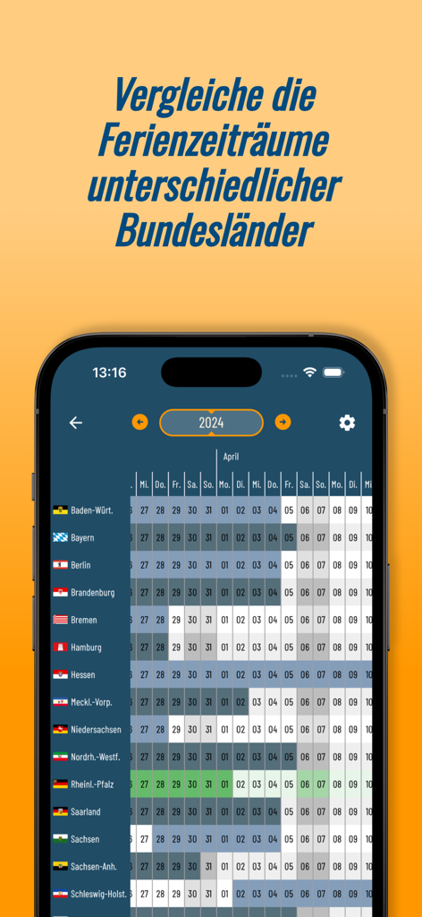 Une grille de calendrier comparant les vacances scolaires entre différents Länder allemands.