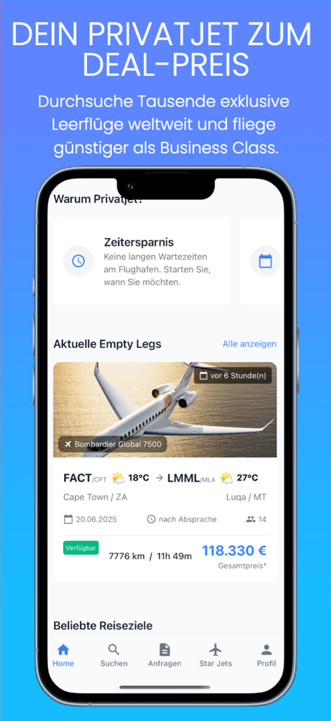 Screenshot of the PrivJet app home screen showing available empty leg private jet flights and travel benefits