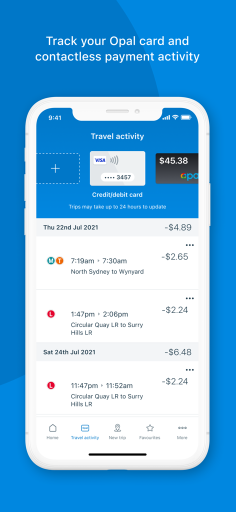 Opal Travel - Opal Travel app screen displaying travel history and contactless payment transaction details
