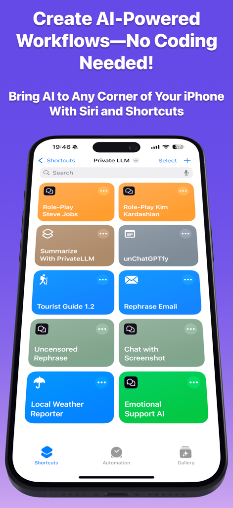 iPhone screen showing custom AI workflows and iOS Shortcuts integration for the Private LLM app