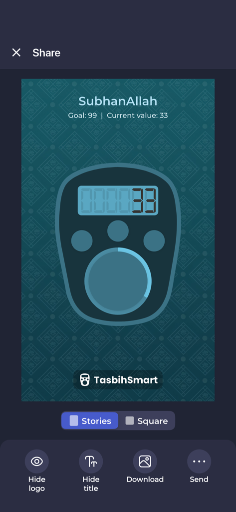 TasbihSmart - Dhikr Counter - TasbihSmart app share screen with digital tasbih counter showing dhikr progress