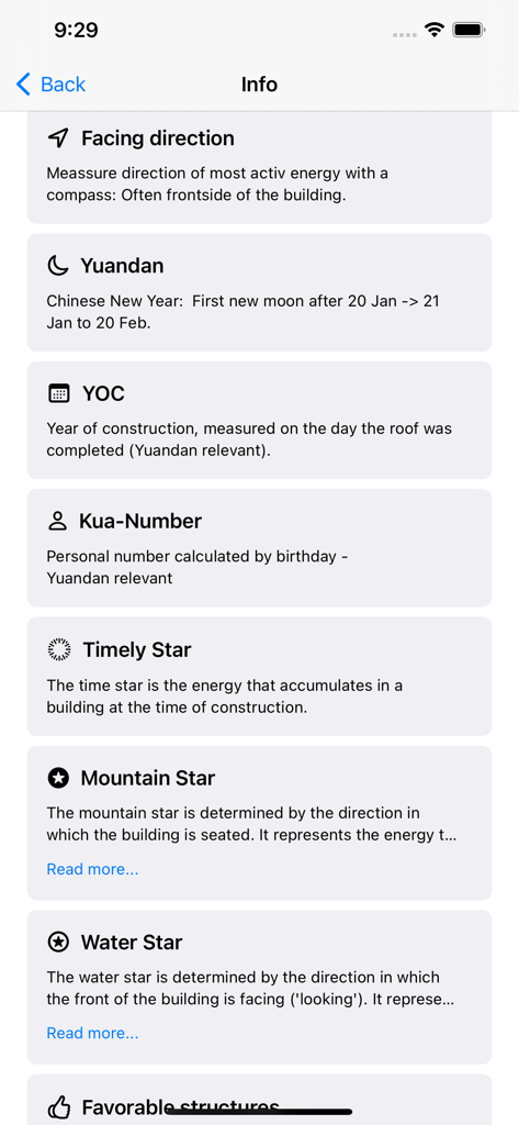 Information screen showing technical Feng Shui definitions in the app
