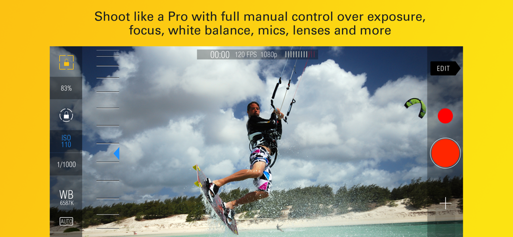 Kinomatic - Pro Video Camera - Kinomatic app interface showing manual camera controls while filming a kiteboarder on a beach