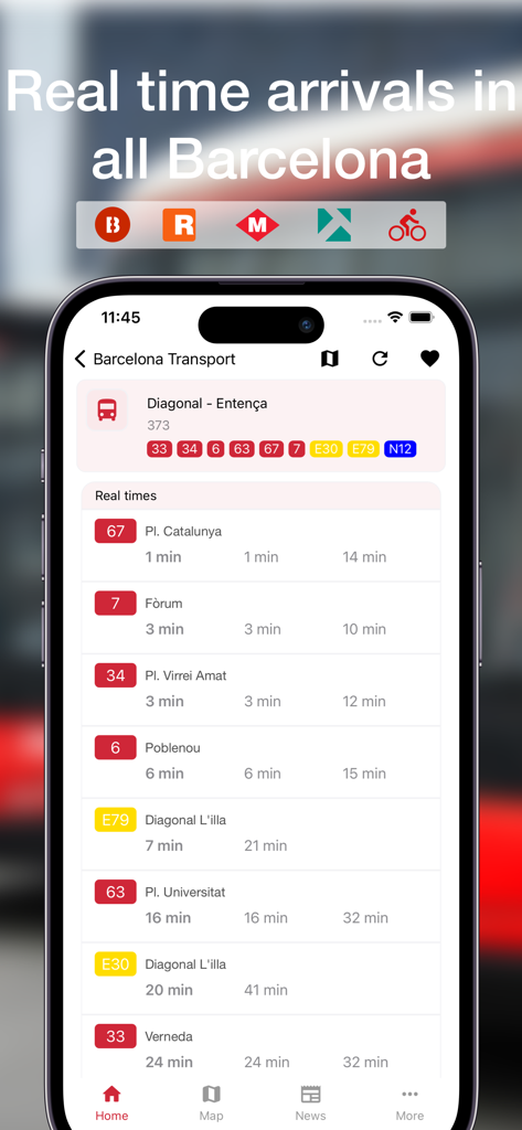 Barcelona Transports - Interface of the Barcelona Transports app displaying real-time bus arrival times at the Diagonal Entenca stop