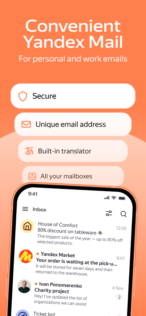 Yandex Mail app interface showing personal and work email features including built-in translator and secure inbox