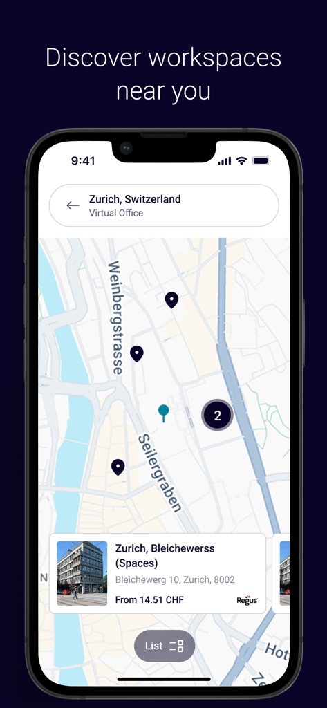 Regus app interface showing a map of available office spaces and meeting rooms in Zurich Switzerland