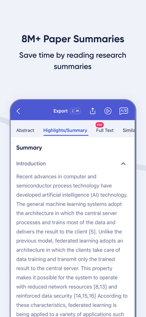 R Discovery: Academic Research - R Discovery app interface showing a research paper summary to help academics save time