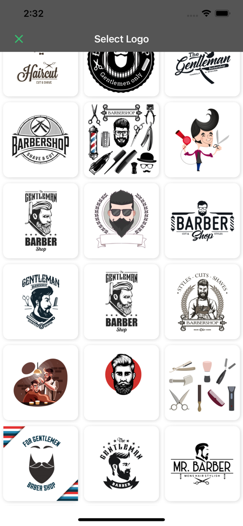 Create Logo~Make Your Own Logo - Una griglia di vari modelli di logo per barbieri, vintage e moderni, all'interno dell'interfaccia dell'app per la creazione di loghi.