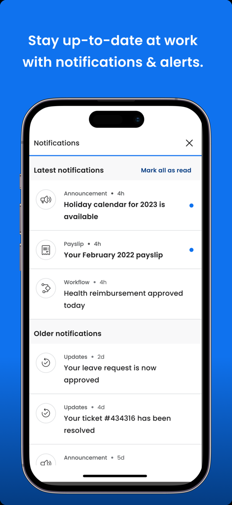 Leena AI mobile app screen displaying work notifications for payslips and leave approvals