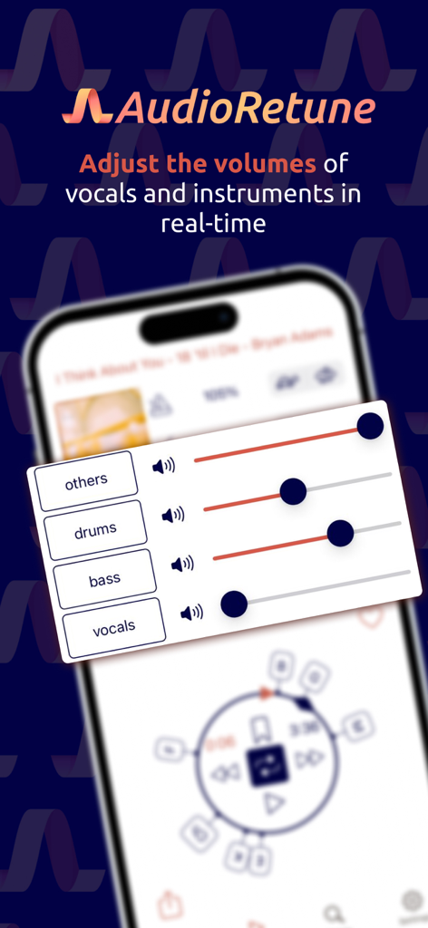 AudioRetune: AI Vocal Remover - AudioRetune app interface with volume sliders for isolating vocals and instruments in real time