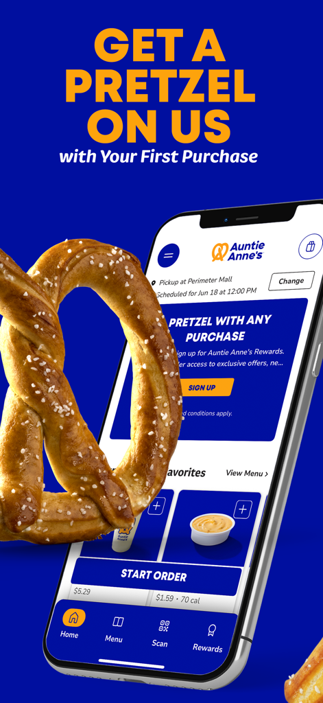 Auntie Anne's Rewards app signup screen offering a free pretzel with first purchase