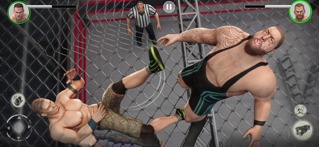 PRO Wrestling : Super Fight 3D - Two wrestlers fighting in a steel cage match with a referee watching