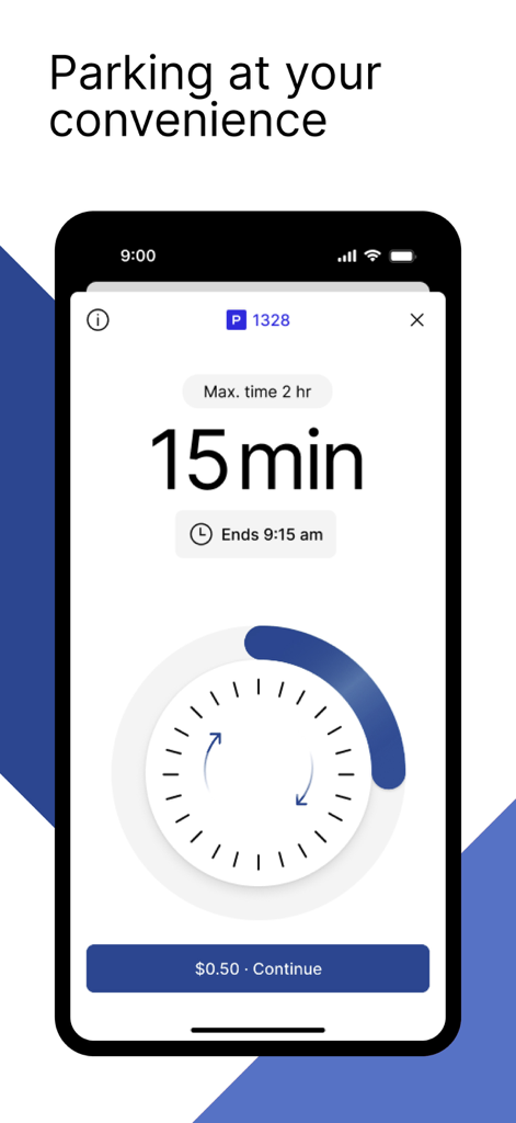 ParkColumbus - Mobile interface of the ParkColumbus app showing a 15 minute parking session selection with a payment button