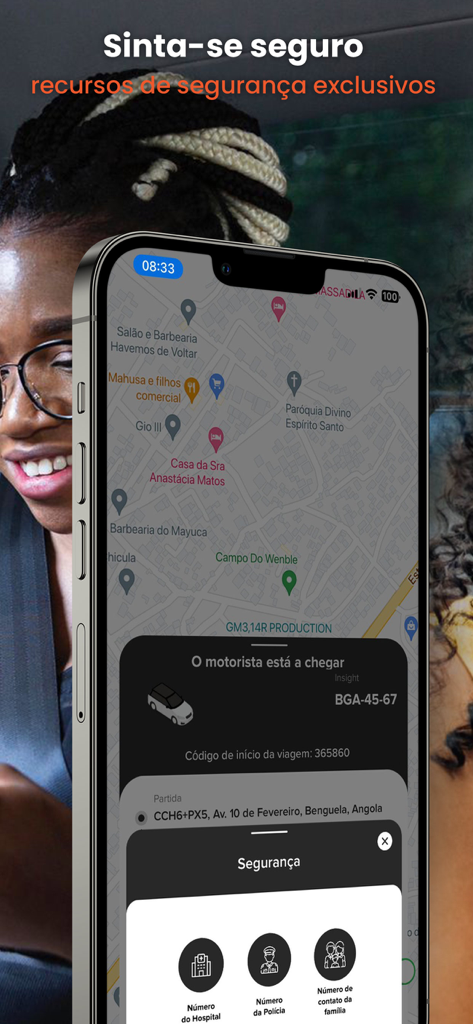 POPÖ - Smartphone screen showing the POPÖ ride-hailing app interface with map, driver details, secret start code, and security emergency contacts.