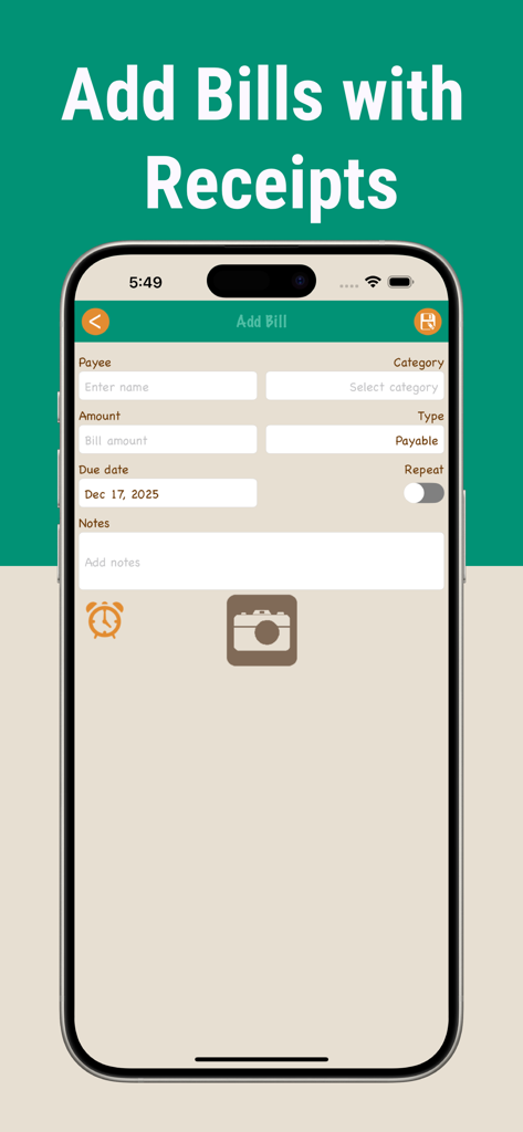 Interface for adding bills and invoice receipts in the Bills Monitor app