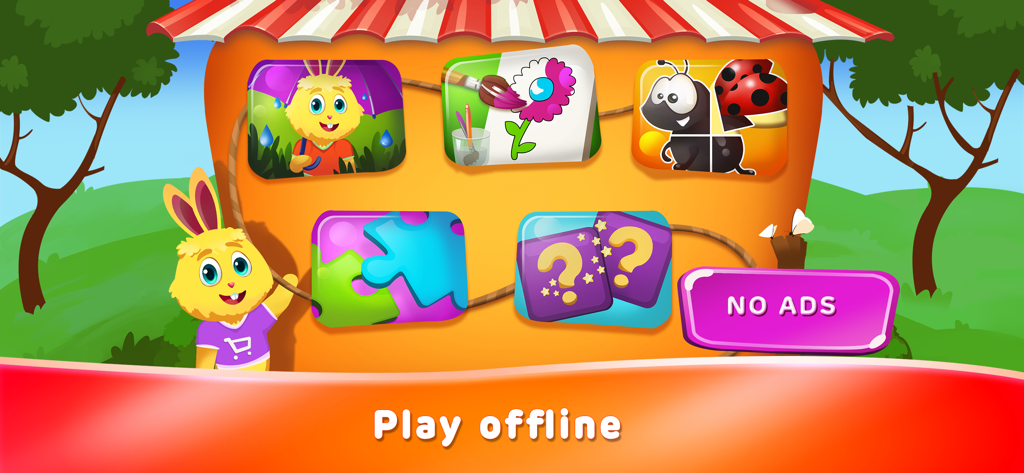 Home screen of a toddler learning app showing educational activities like puzzles and coloring with a no ads badge.