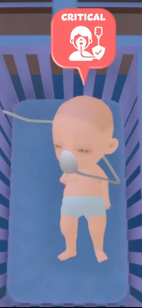Pawn to Don Mafia Crime Story - 酸素マスクをつけたベビーベッドの赤ちゃん、クリティカルなステータスアラートが表示されている。