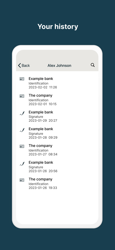 BankID Security App - Pantalla de historial de uso de la app BankID que muestra una lista de identificaciones y firmas digitales pasadas.