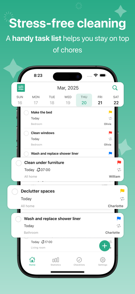 Daily cleaning routines - 毎日の掃除ルーチンアプリが表示されたiPhoneで、ベッドメイキングや片付けなどの割り当てられた家事のスケジュールが表示されている。