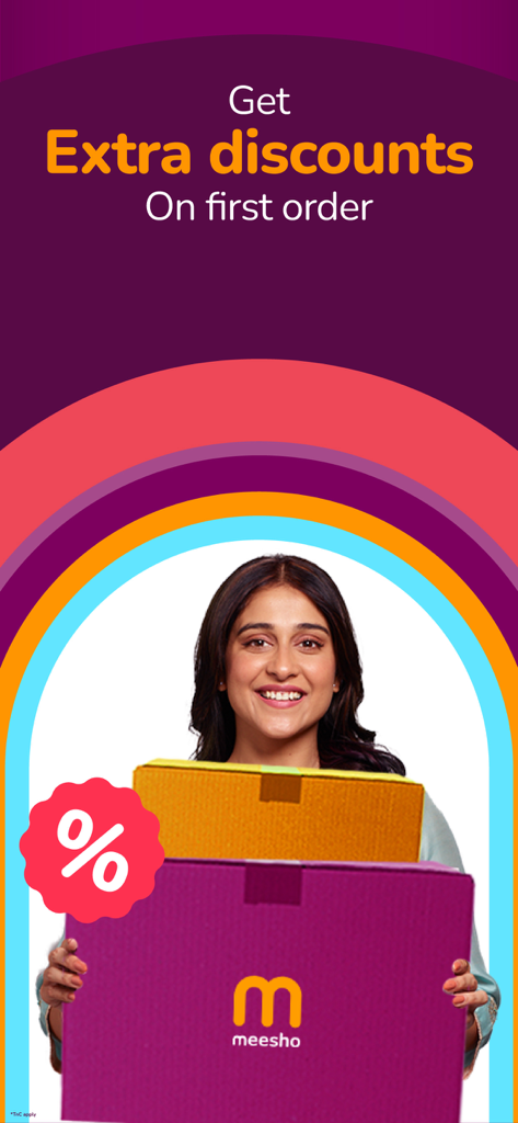 A woman holding Meesho delivery boxes with a discount offer for first orders