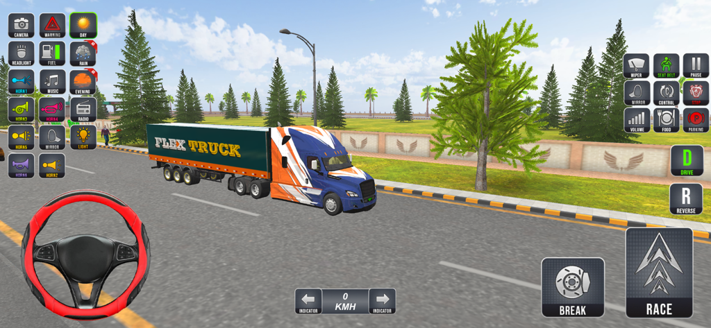 US Cargo Truck Driving 3D Game - Camión semirremolque azul y naranja conduciendo por una carretera pavimentada con volante y controles del juego