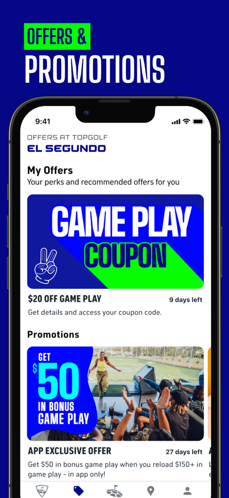 Topgolf - Topgolf-App-Bildschirm, der verfügbare Angebote und Spielcoupons anzeigt.
