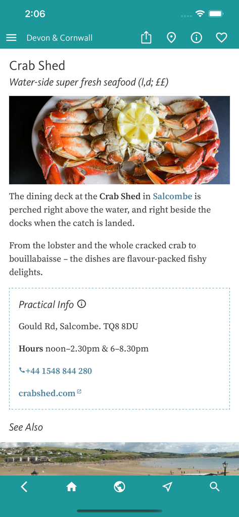 해산물과 실용적인 정보를 제공하는 데본 및 콘월 여행 앱의 살콤의 크랩 셰드 레스토랑 목록