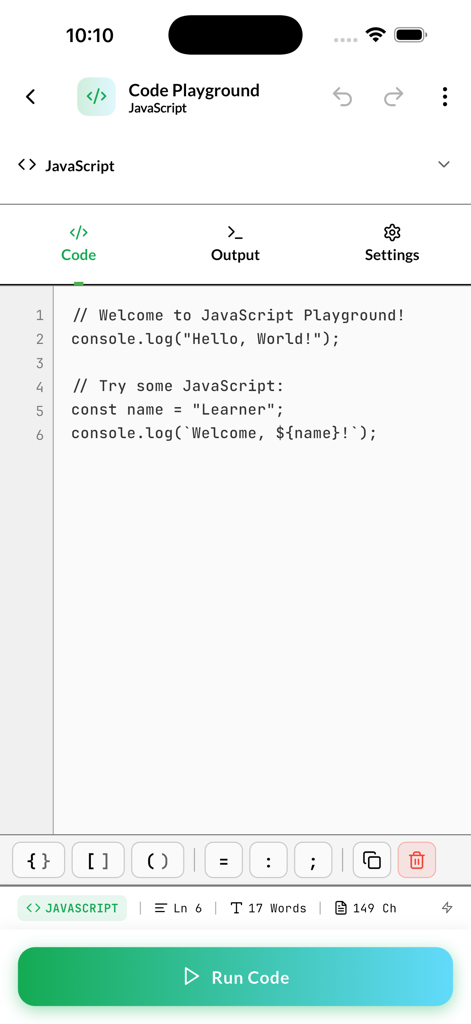 Interfaz del editor de código JavaScript para móviles con botón de ejecución de código.
