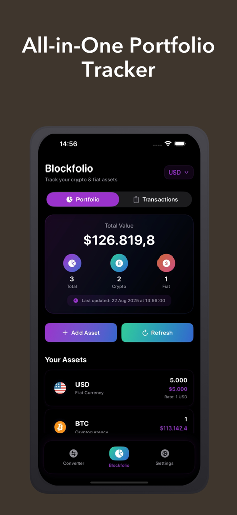Blockfolio Pro: Crypto Tracker - Blockfolio Pro app interface showing total value of crypto and fiat assets with transaction tracking features