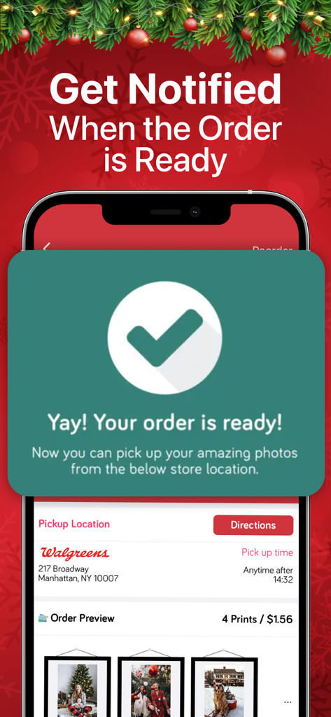 Easy Prints app notification showing a photo order ready for pickup at a Walgreens store.
