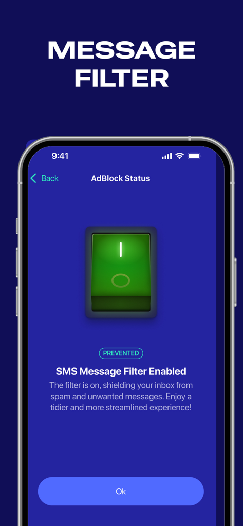 A mobile screen showing the activated SMS message filter in the Apex Protection and Security app.
