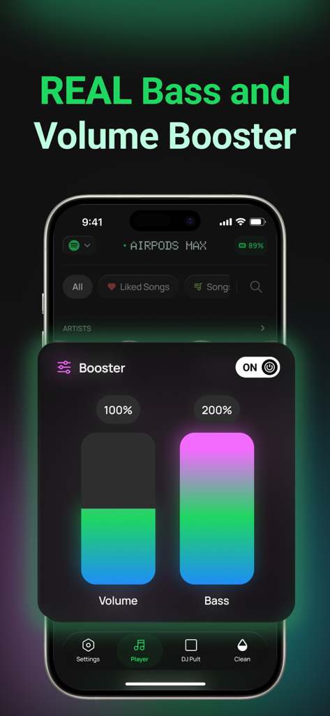 PRO Speaker Headphones Connect - Interfaz de la aplicación PRO Speaker Headphones Connect mostrando controles deslizantes de volumen y potenciador de bajos configurados para AirPods Max