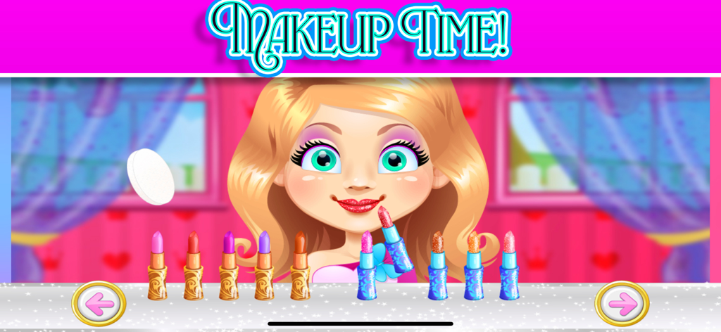 Personaje de princesa de dibujos animados aplicándose lápiz labial rosa en un minijuego de maquillaje