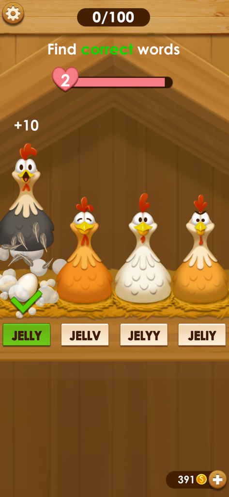 Word Farm Cross - A mini-game in Word Farm Cross where players select the correct spelling of a word to collect eggs from hens.
