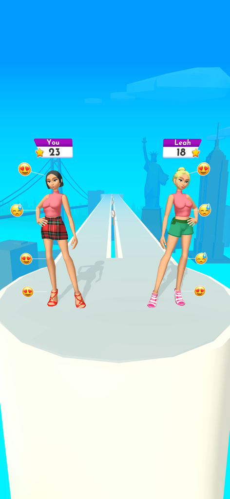 Two female characters competing in a fashion battle on a runway with a New York City background.