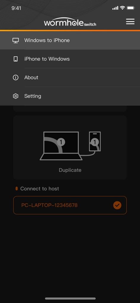 Wormhole - CrossLink - Wormhole CrossLink app interface for connecting Windows PC and iPhone