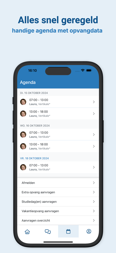 Kidsadmin Ouderapp - Kidsadmin保護者アプリのインターフェース。子供の週ごとの保育スケジュールと、欠席連絡などの管理オプションが表示されています。